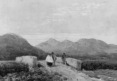 Figures crossing a Bridge in a mountainous Landscape