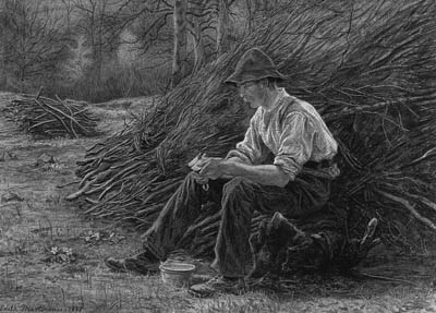 A Woodcutter sitting on a Log eating Lunch