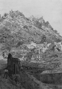 Figures on a Bridge; and Peasant women walking before a Mountain Village