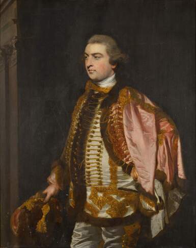 Portrait of Robert Jones of Fonmon (1738–1793), three-quarter-length, wearing a Hussar’s uniform, holding a cap, a colonnade to the left