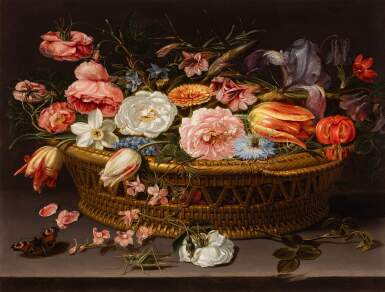 Clara Peeters, Still life of roses, carnations, tulips, narcissi, irises, love-in-a-mist, larkspur, and other flowers, in a wicker basket, with a butterfly and a cricket