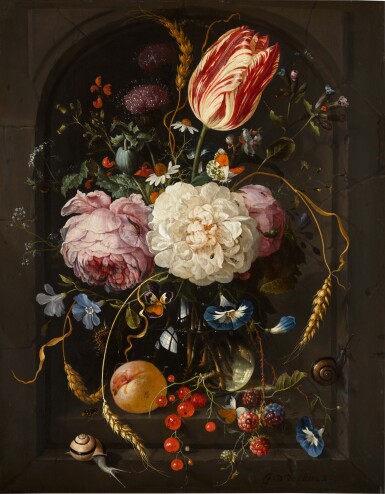 Jan Davidsz. de Heem, Still life of flowers in a glass vase with insects and fruits in a stone niche