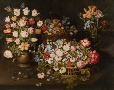 Still life of tulips and an apothecary's rose in a stoneware vase, irises and lilies in a glass vase, together with roses, lilies, anemones, pansies, larkspur, borage and love-in-a-mist in a wicker basket and an oriental lacquer basket, all upon a table-top with cabbage white and red admiral butterflies and a dragonfly