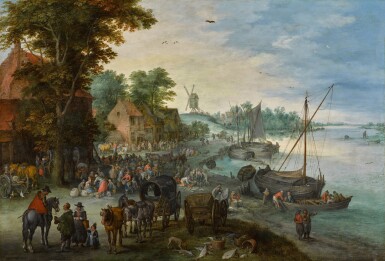 Jan Brueghel the Elder, A wooded river landscape with a fish market and fishing boats near a village