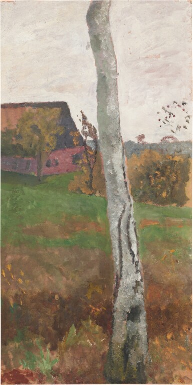 Birkenstamm vor Landschaft mit Haus (Birch trunk in front of landscape with house)