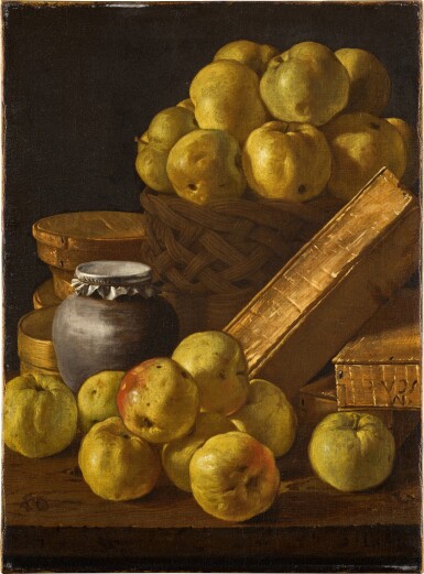 Luis Meléndez, Still life of apples in a basket and upon a table, together with boxes of sweetmeats and a honey jar
