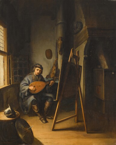 A figure playing a lute in an interior