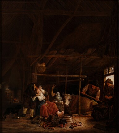An amorous couple in a barn, with herdsmen at the door