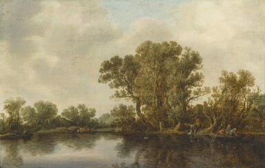 River landscape with trees, fishing boats and cows