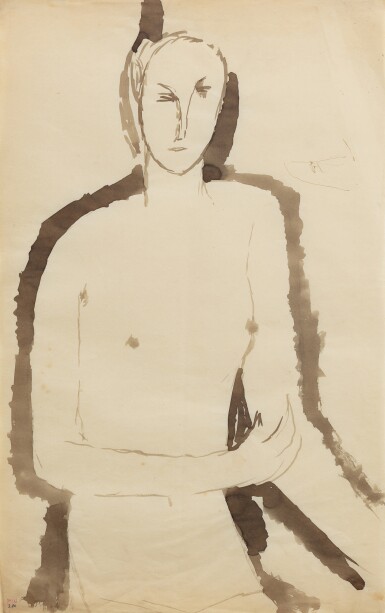 Femme nue assise de face, vue jusqu'au haut des cuisses, bras droit replié, main droite au niveau du coude gauche