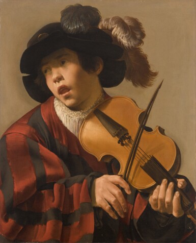 A singing boy playing a stringed instrument