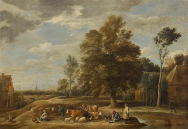 Village landscape with herdsmen, a milkmaid, cattle, sheep and a dog, a city beyond