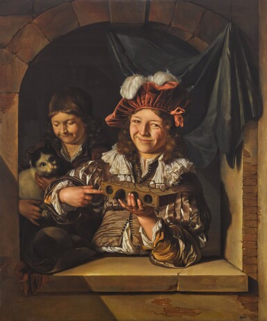 Two boys with a mousetrap and a cat at a window
