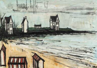 Maisons et cabanes sur une plage bretonne