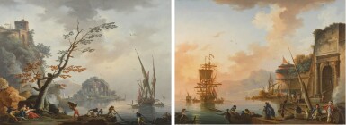 A pair of Mediterranean coastal scenes: Dawn with a capriccio of a Roman temple; Evening with a French ship and a Roman gateway