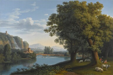 An Italianate river landscape in summer, with a capriccio of Tivoli to the left