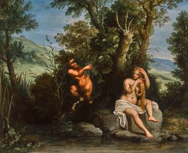 A wooded landscape with a satyr observing a bathing nymph