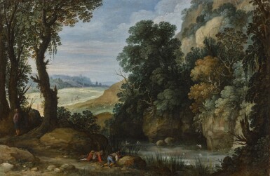 Figures hunting duck beside a stretch of water, a village in the distance