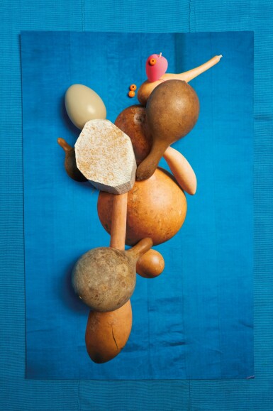 'Yam, Calabashes, Aso-oke, Egg and Pink Sponge', 2017