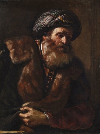 An old man wearing a turban and a fur-lined coat, here identified as Annas (originally Christ before Annas)
