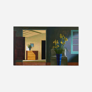 Untitled (Interior with yellow Dutch Iris in blue vase)