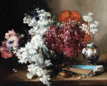 Anenomies and marigolds by a vase and a fan on a stone ledge