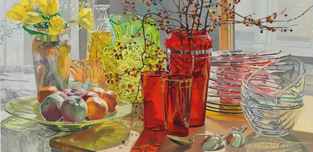 Red Vase and Yellow Tulips