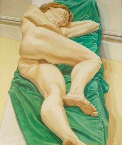 Nude on green drape