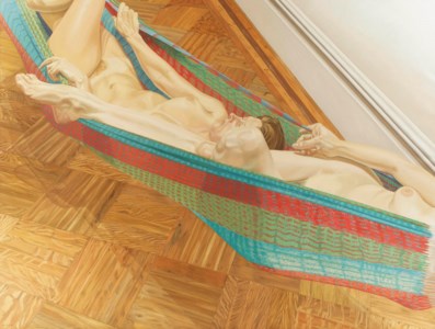 Two female models in hammock