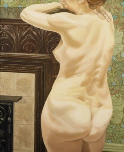 Female model leaning on mantel