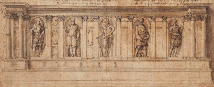 Design for a bench: the five niches containing figures of ancient heroes: (left to right): A young hero, Marcus Atilius Regulus, Hercules, Lucius Junius Brutus and another hero (possibly Julius Caesar)