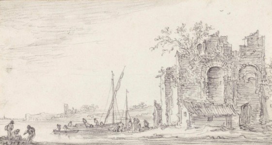 Figures and boats by a ruin on water