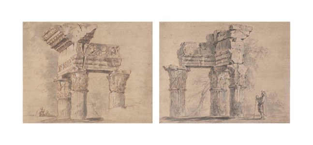 The ruins of the Temple of Vespasian, Rome, with two figures resting; and The ruins of the Temple of Vespasian with an admiring traveller