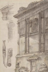 The corner of a Roman building, embellished with Corinthian pilasters and a partly ruined architrave, with separate studies of architectonic details