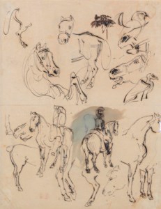 A sheet of studies of horses, horsemen and two birds ( recto ); Studies of horses ( verso )