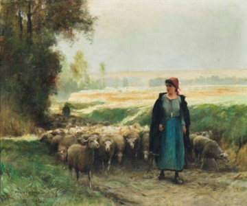 A shepherd girl guiding a flock of sheep