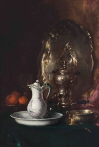 A jug with oranges and a silver salver