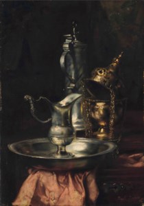 A silver jug and bowl on a wooden ledge