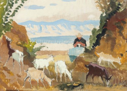 Woman Knitting, with Goats