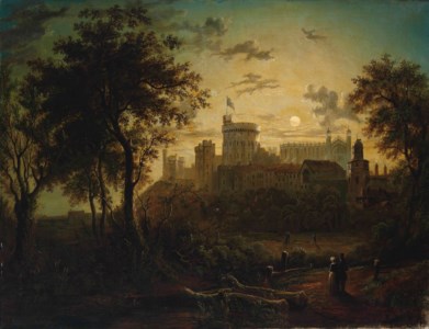 Figures before Windsor Castle, by moonlight