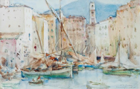 Boats moored in the harbour, Camogli, Italy