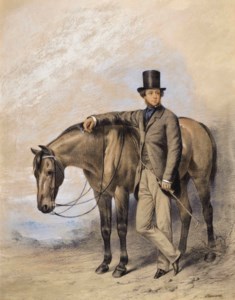 Portrait of a gentleman, standing full-length beside a horse, his crop in his hand