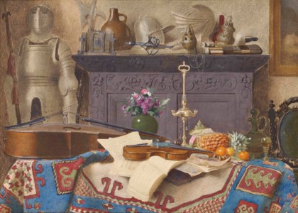 A Connoisseur's Collection: Still life with a cello, violin, oranges, a lemon and a pineapple on table covered with a Persian carpet