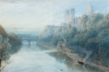 Durham Cathedral at dusk, viewed from the River Wear