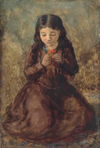 Florence 'Pobby' Thomas, kneeling and holding a posy of flowers