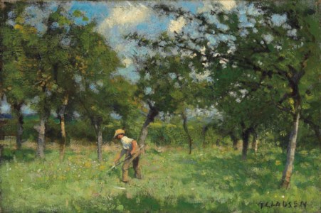 A Man scything in an Orchard