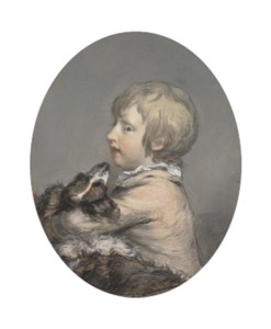 Portrait of William Evelyn ( circa 1768-1789) of St Clere, Kent, half-length, holding a spaniel