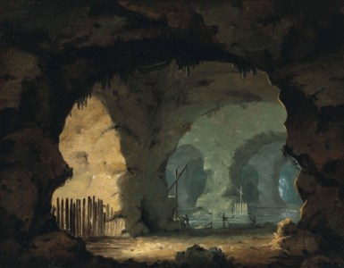A sea cave interior with figures and boats