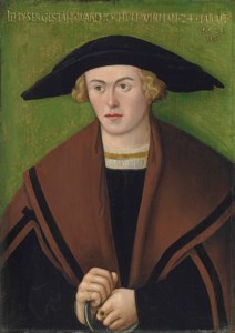 Portrait of Jochum Wirman, half-length, in black robes and a brown cloak, wearing a hat