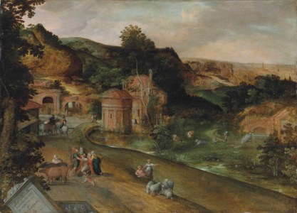 An extensive Italianate landscape with the calling of Cincinnatus from the plough, a view of Rome beyond